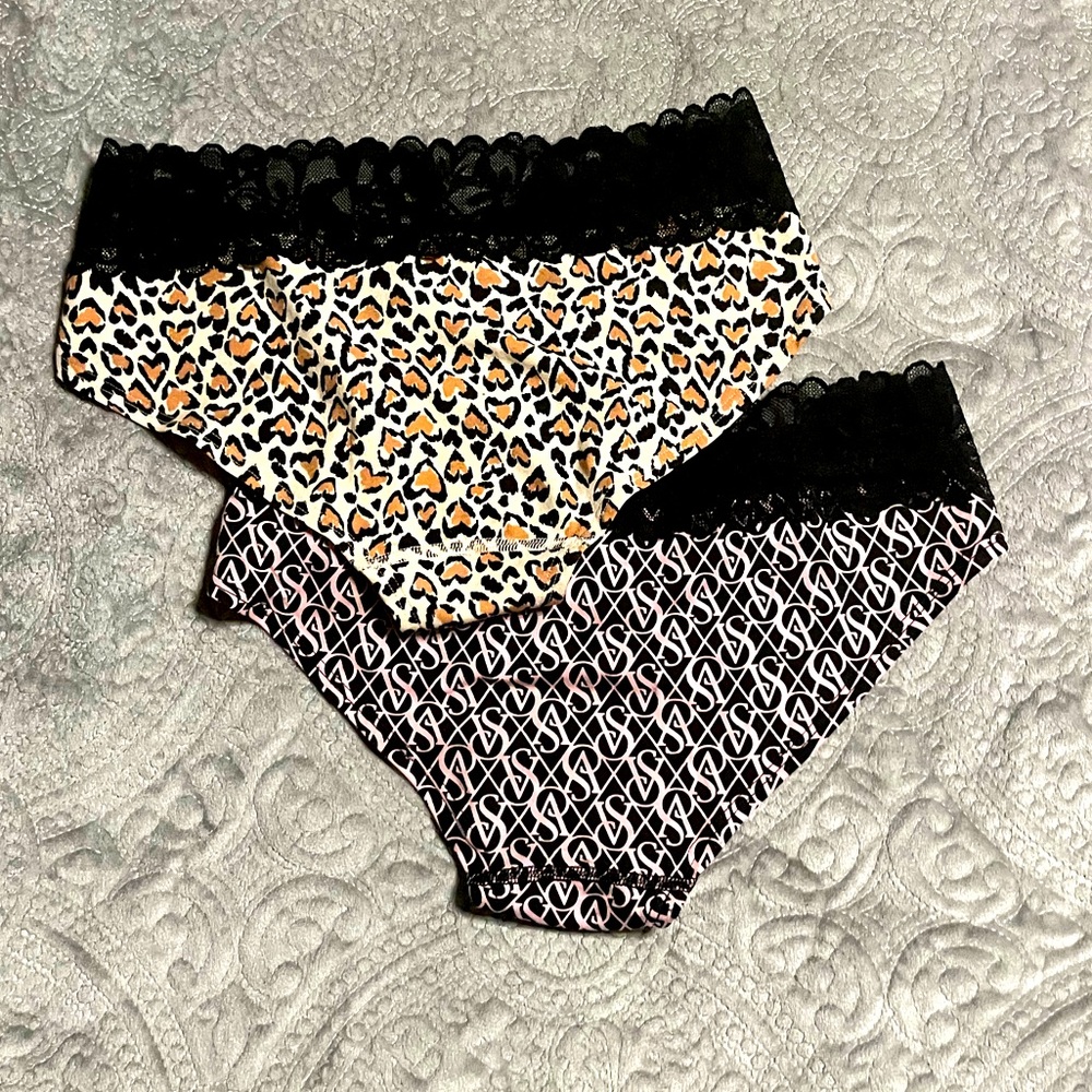 NWT 2 pair Victoria Secret Leopard π Print cotton, lace waist hip huggers Sz M - Picture 7 of 8